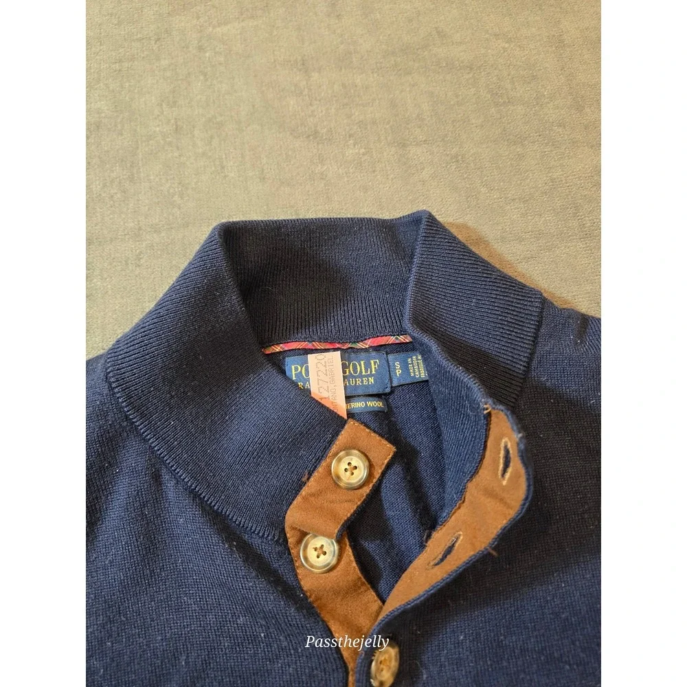 Vtg Polo Ralph Lauren Sweater Mens Small Blue Henley Mock Neck Merino Wool Pony
